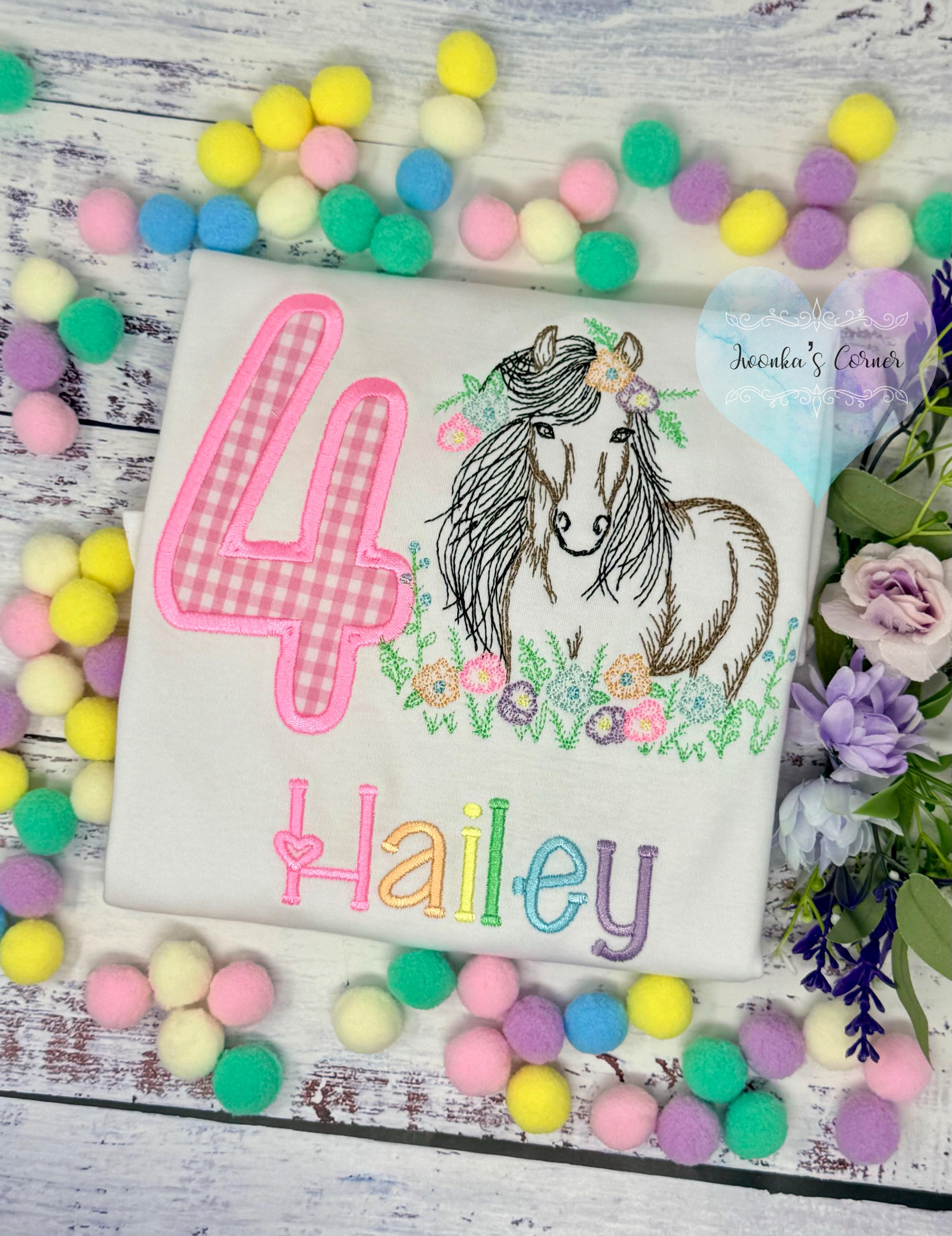 Girl 4th Birthday Shirt With Bay Brown Horse, Pink Gingham Number with Horse wearing Flowers in His Mane, Sketch Embroidered Horse