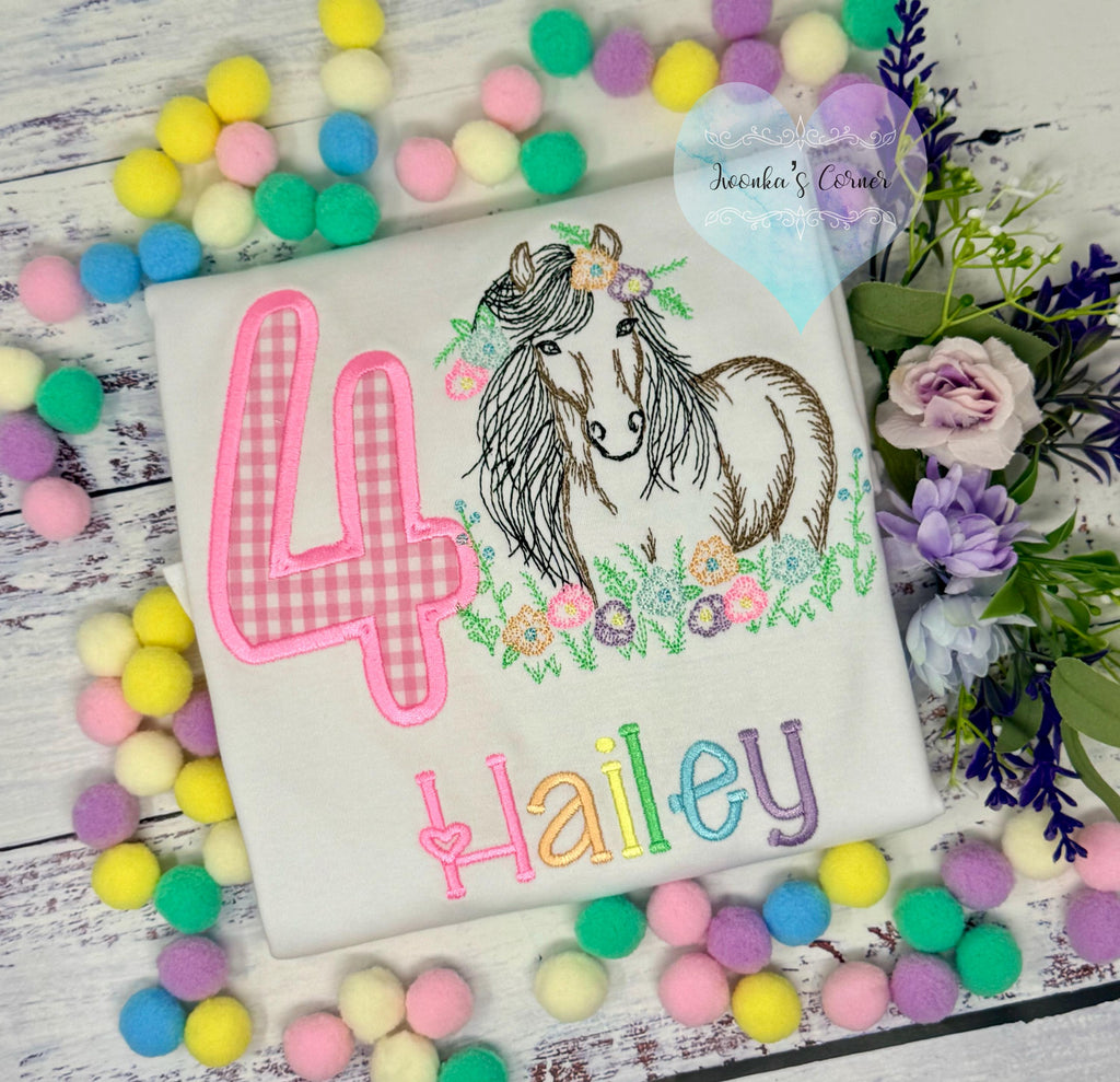 Girl 4th Birthday Shirt With Bay Brown Horse, Pink Gingham Number with Horse wearing Flowers in His Mane, Sketch Embroidered Horse
