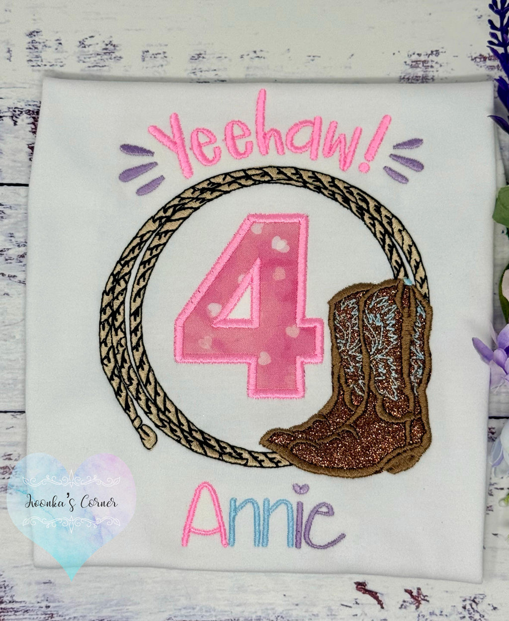 Girl 4th Birthday Shirt with Western Boots, Rope, Pink Number, Western Yeehaw! Embroidery, Rodeo Western Style Shirt