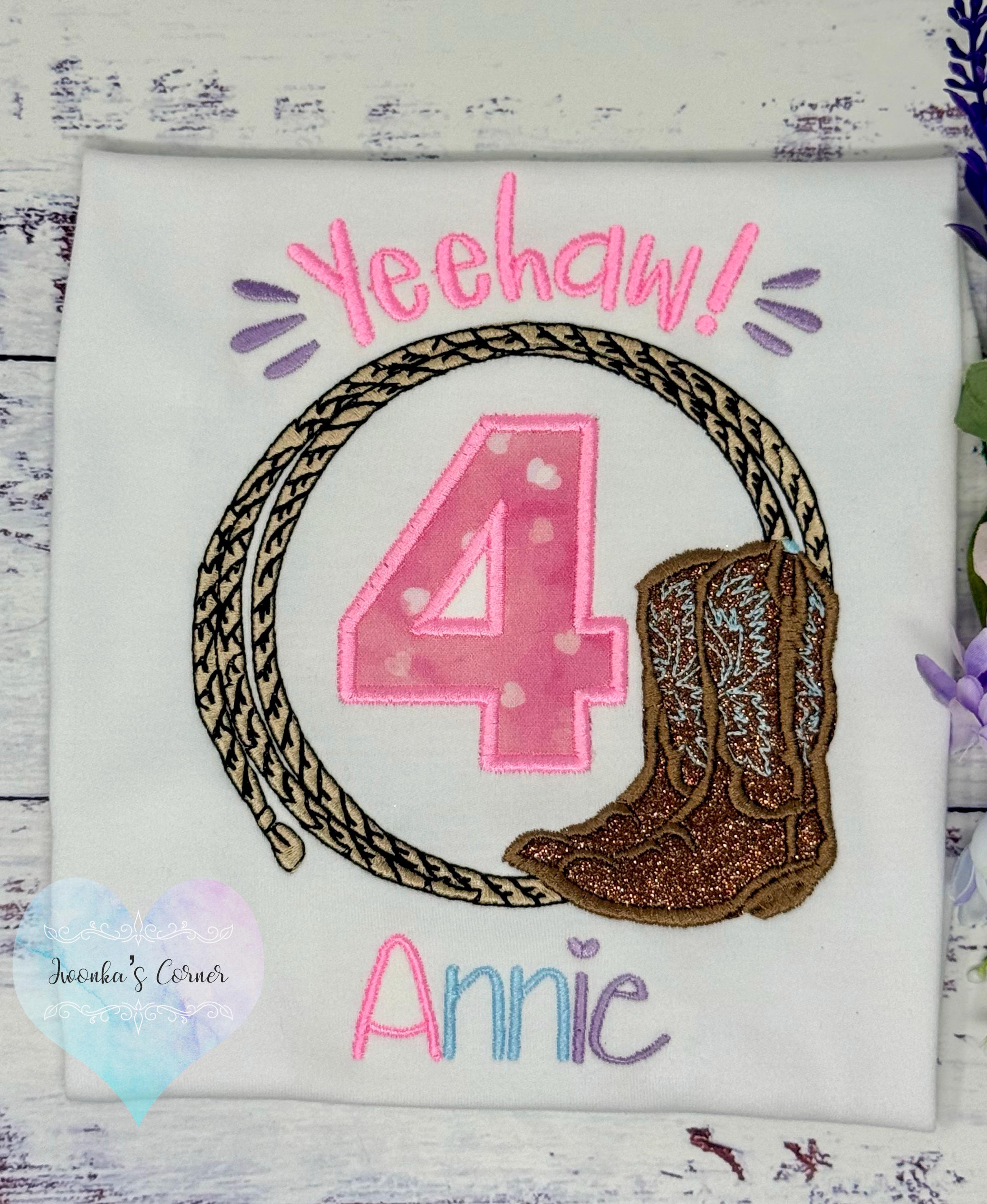 Girl 4th Birthday Shirt with Western Boots, Rope, Pink Number, Western Yeehaw! Embroidery, Rodeo Western Style Shirt