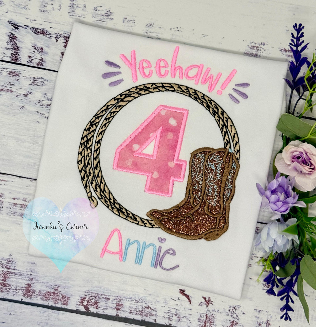 Girl 4th Birthday Shirt with Western Boots, Rope, Pink Number, Western Yeehaw! Embroidery, Rodeo Western Style Shirt