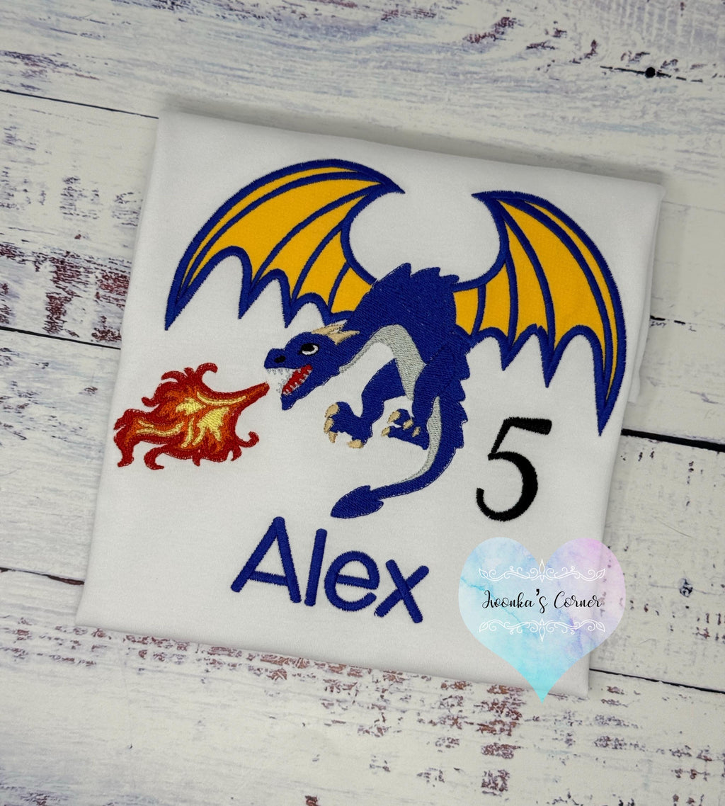 Boys Dragon Birthday Shirt, Boys 5th Birthday Shirt, Blue Fire dragon embroidery design