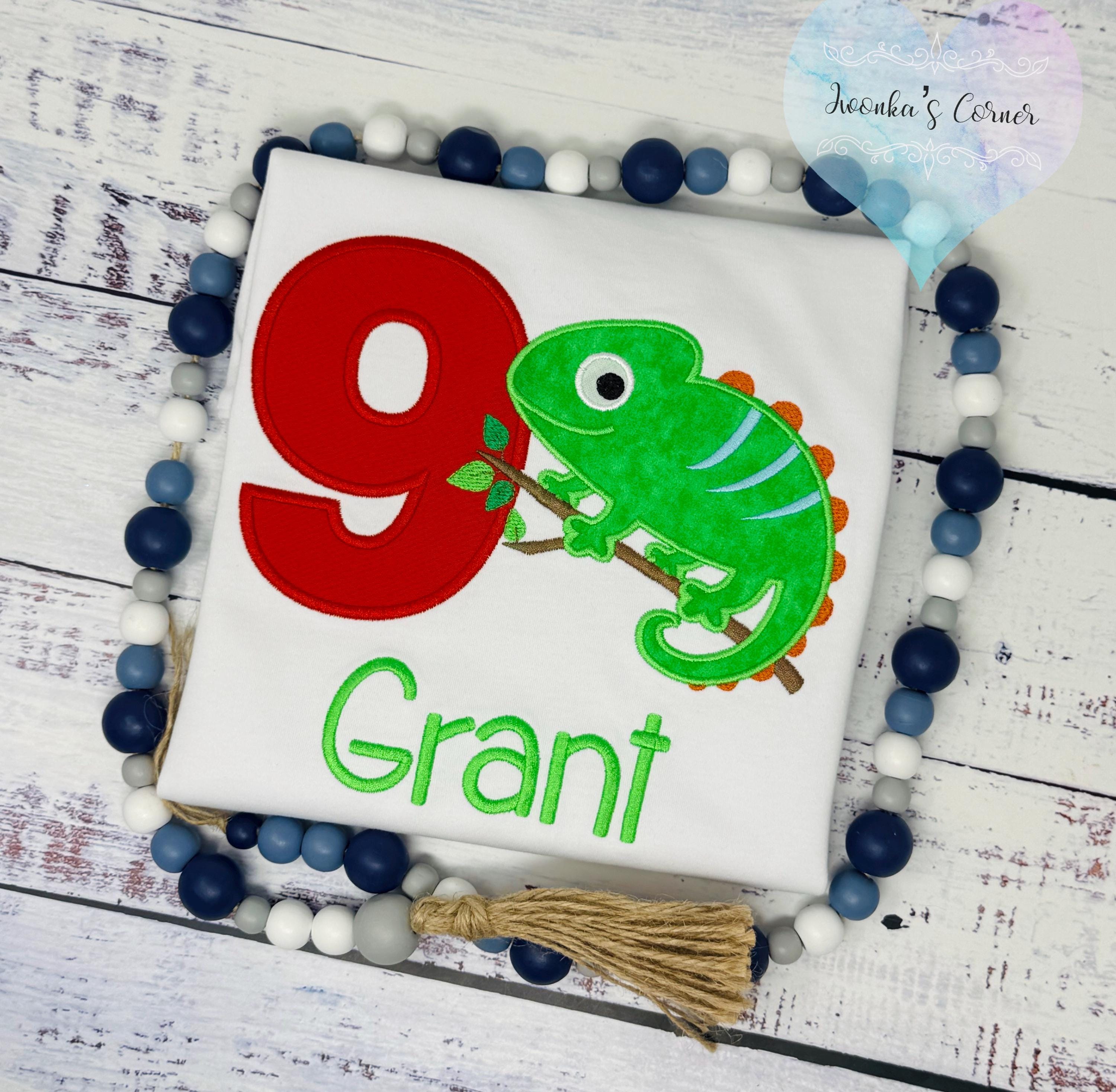 Boy 9th Birthday Tee with Green Chameleon, Reptile theme party, Colorful Chameleon Birthday Shirt , All ages,