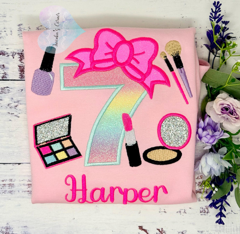 Girl 7th Birthday Shirt with Make up, Salon, Bow Number Shirt, Number cosmetics, Lipstick Powder Brush,Bright Hot Pink and Neon Make up