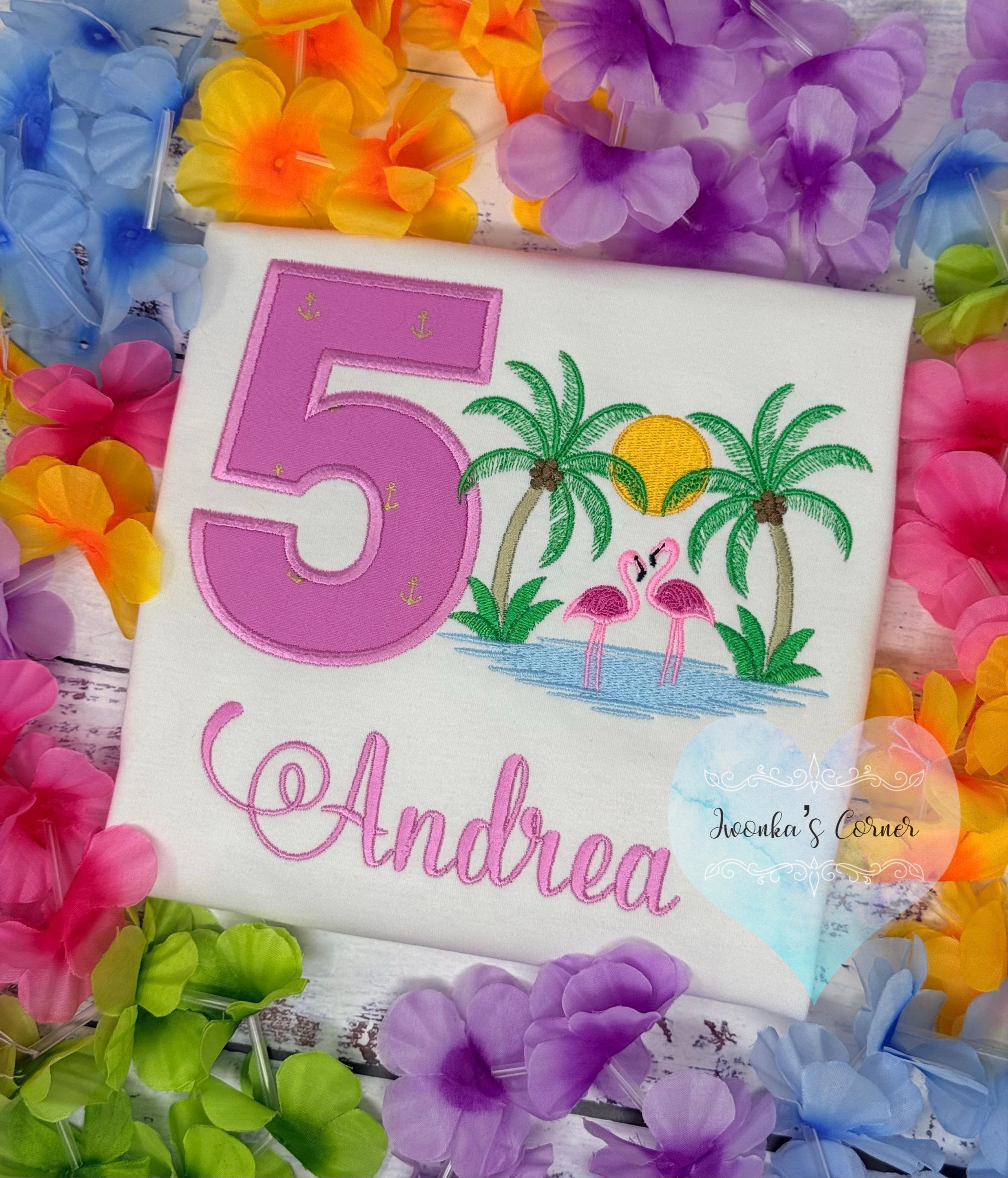Girl 5th Birthday Tropical Flamingo Shirt, Sunset, Palms, Ocean, Pink Anchor Applique Number and Flamingo, Beach Party Shirt, Any age