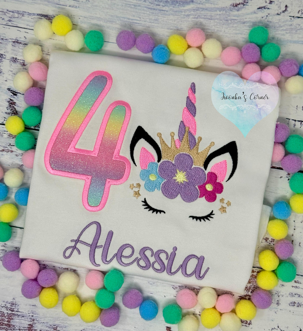 4th Birthday Unicorn Shirt, Girls Colorful Unicorn Birthday Tee, Rainbow Horn, Gold Crown Tiara Uni, Unicorn embroidery, Script Font