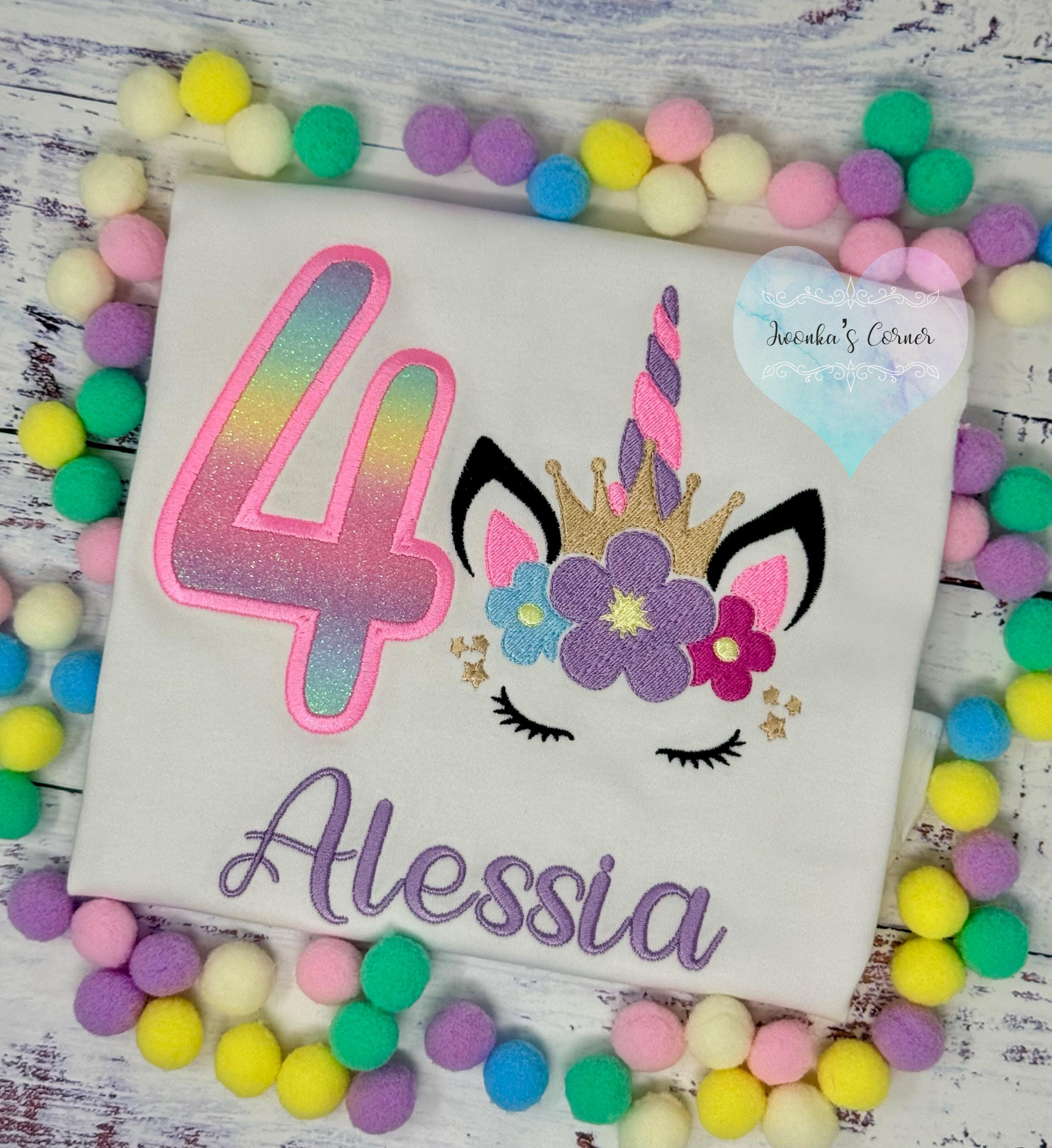 4th Birthday Unicorn Shirt, Girls Colorful Unicorn Birthday Tee, Rainbow Horn, Gold Crown Tiara Uni, Unicorn embroidery, Script Font