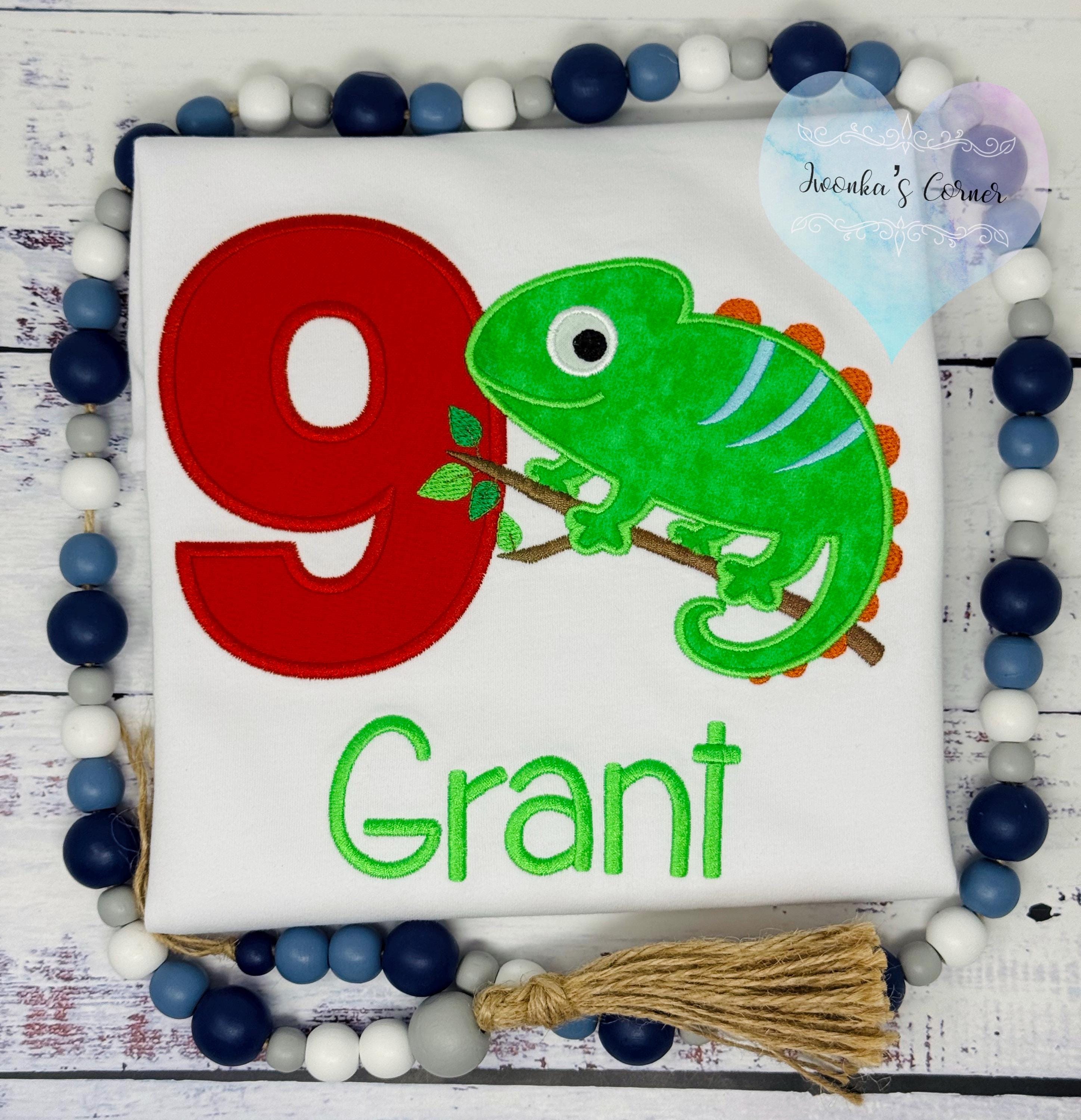 Boy 9th Birthday Tee with Green Chameleon, Reptile theme party, Colorful Chameleon Birthday Shirt , All ages,