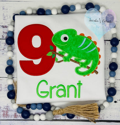 Boy 9th Birthday Tee with Green Chameleon, Reptile theme party, Colorful Chameleon Birthday Shirt , All ages,
