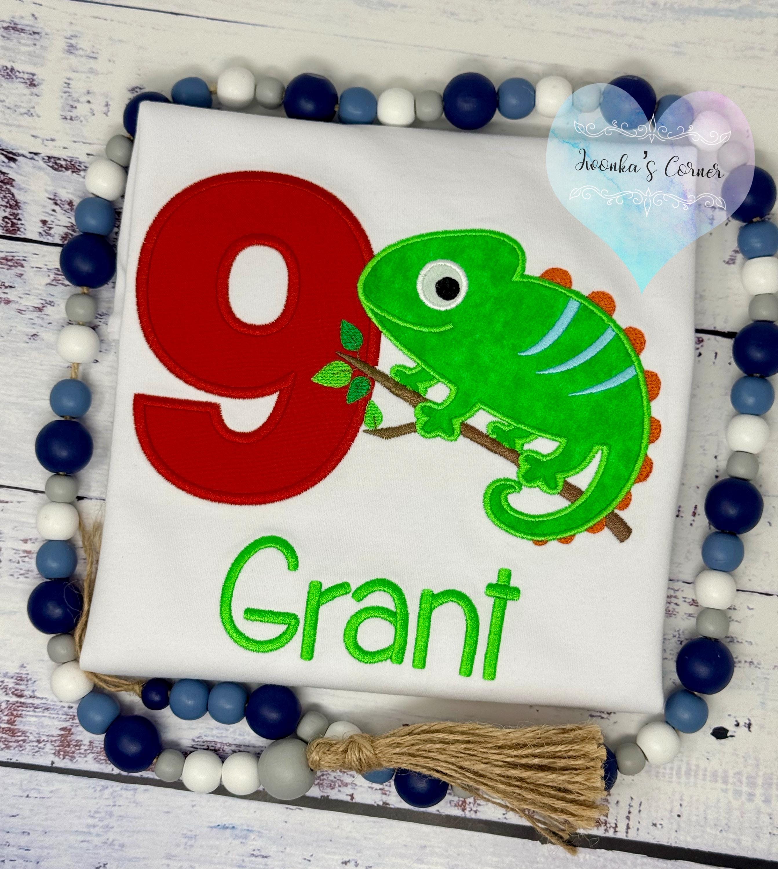 Boy 9th Birthday Tee with Green Chameleon, Reptile theme party, Colorful Chameleon Birthday Shirt , All ages,