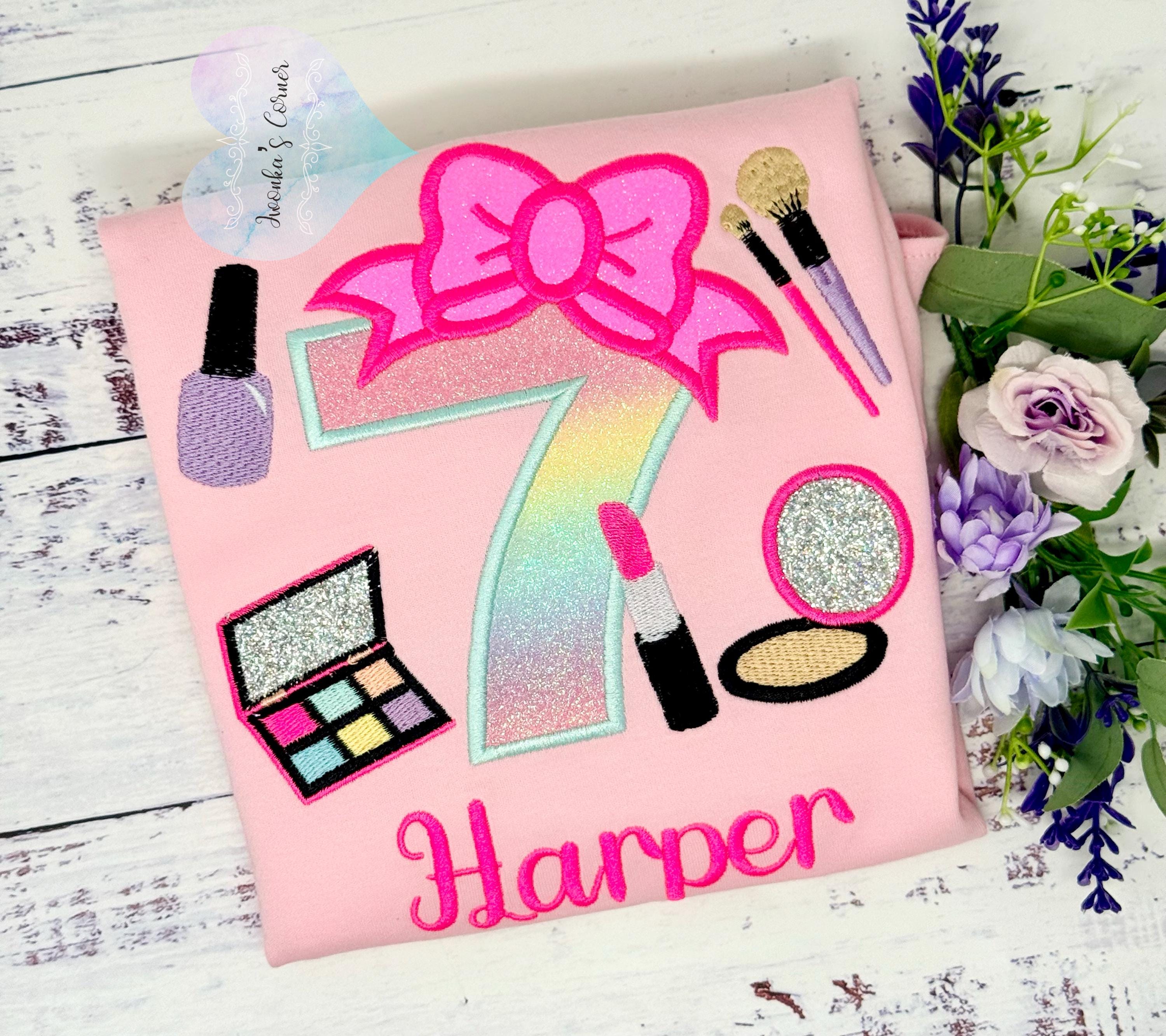 Girl 7th Birthday Shirt with Make up, Salon, Bow Number Shirt, Number cosmetics, Lipstick Powder Brush,Bright Hot Pink and Neon Make up