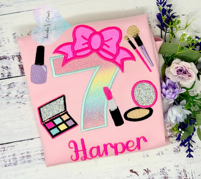 Girl 7th Birthday Shirt with Make up, Salon, Bow Number Shirt, Number cosmetics, Lipstick Powder Brush,Bright Hot Pink and Neon Make up