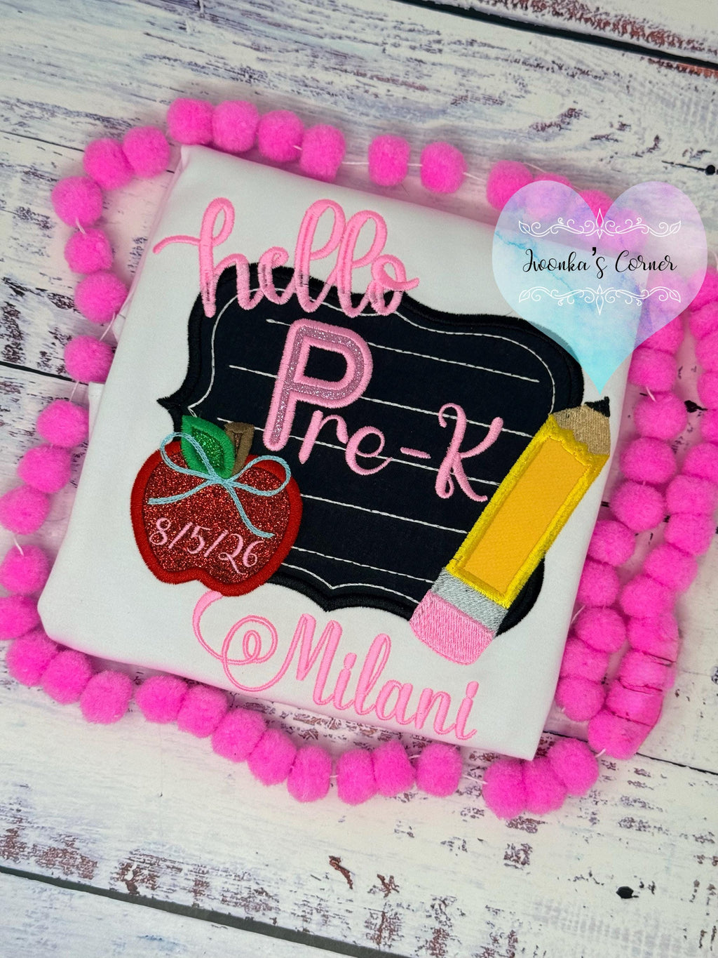 Girl back to school shirt - Hello Pre-K shirt for girl - 1st day of school - Pre K, Chalkboard, Apple, Pencil,