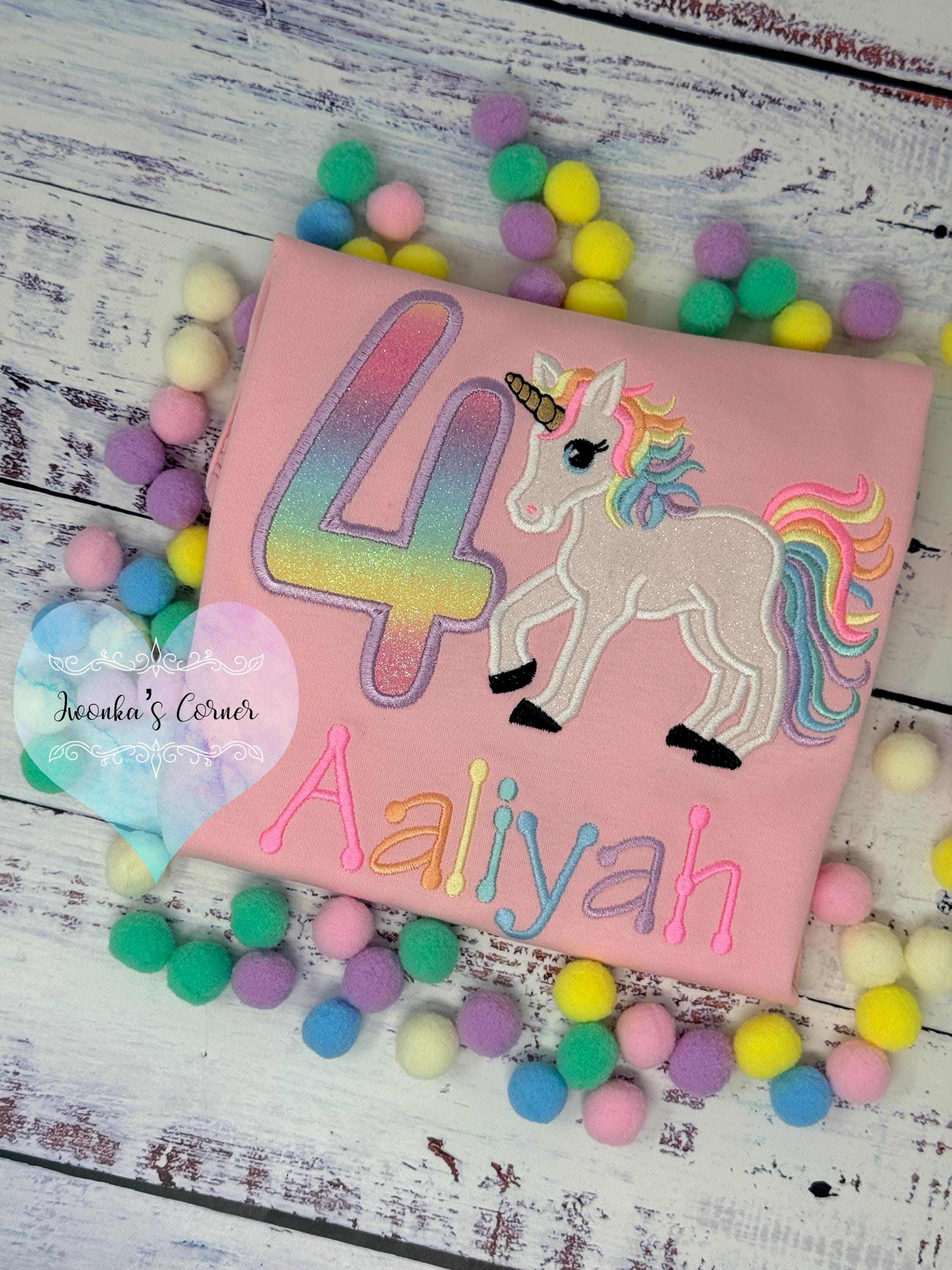 Girl 4th Birthday Pastel Unicorn, Pastel Uni, Lavender Outline Number, For Ages 1-9, Fast shipping Next day