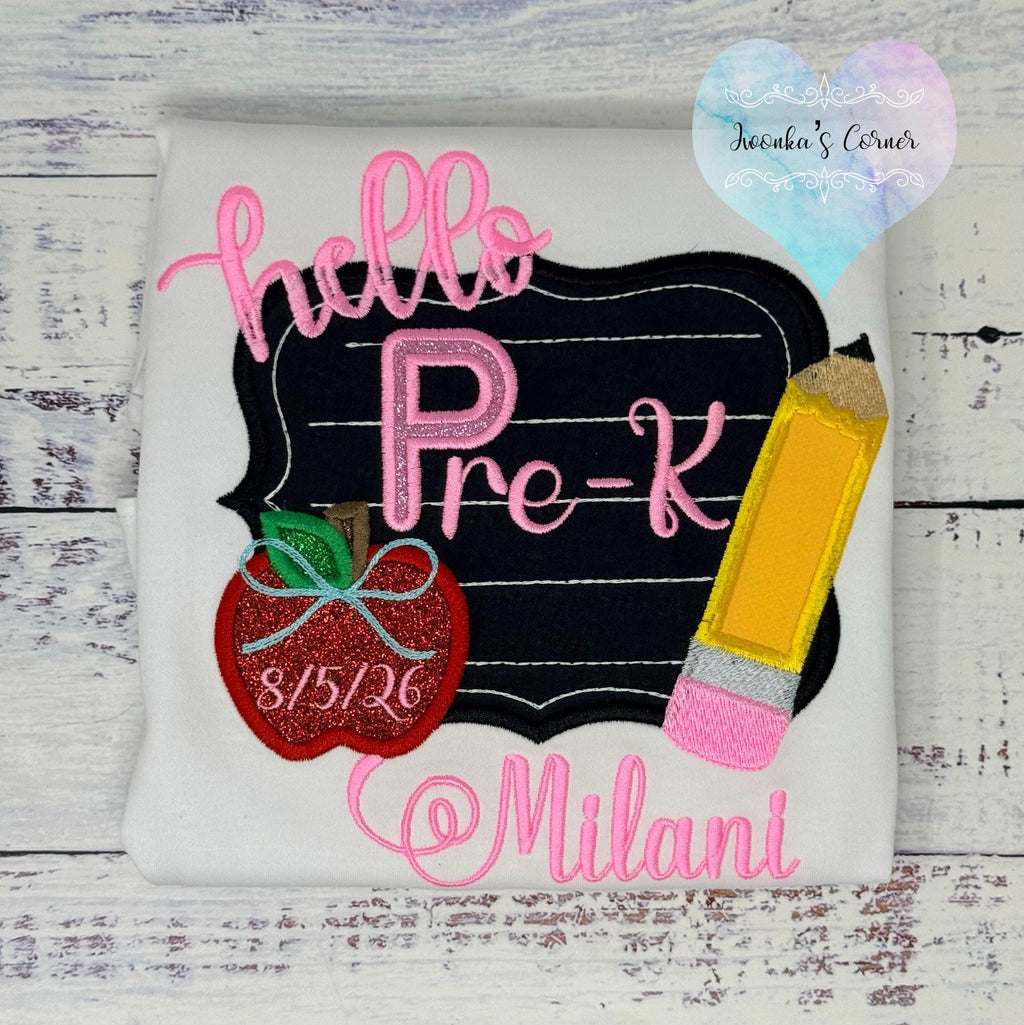 Girl back to school shirt - Hello Pre-K shirt for girl - 1st day of school - Pre K, Chalkboard, Apple, Pencil,