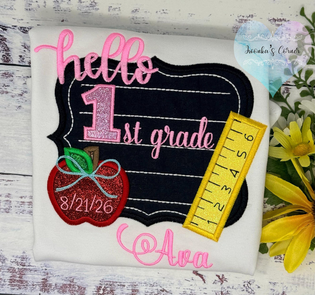Girl back to school shirt - Hello 1st grade shirt for girl - 1st day of school - Pre K, Kindergarten, Chalkboard, Apple, Pencil,