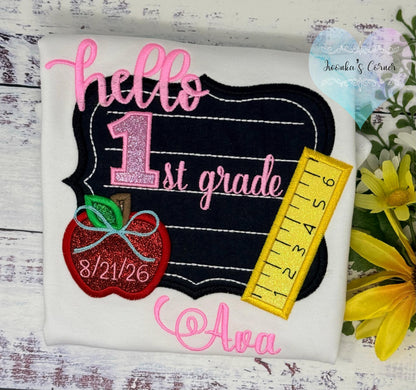 Girl back to school shirt - Hello 1st grade shirt for girl - 1st day of school - Pre K, Kindergarten, Chalkboard, Apple, Pencil,