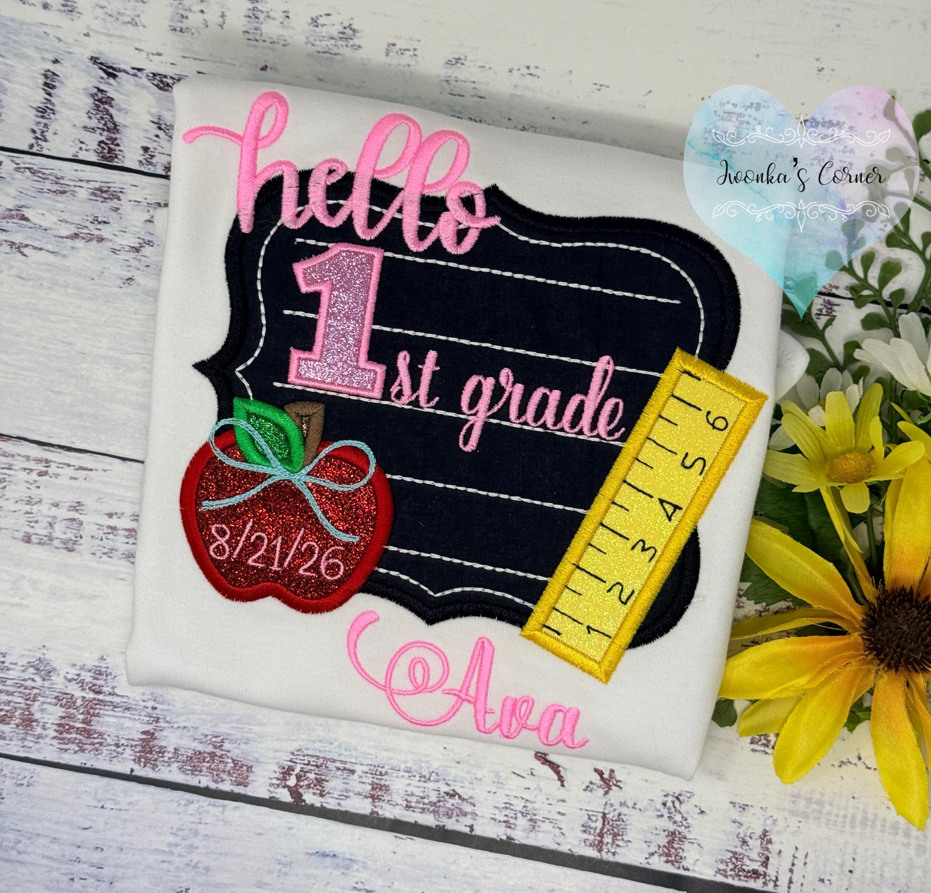 Girl back to school shirt - Hello 1st grade shirt for girl - 1st day of school - Pre K, Kindergarten, Chalkboard, Apple, Pencil,
