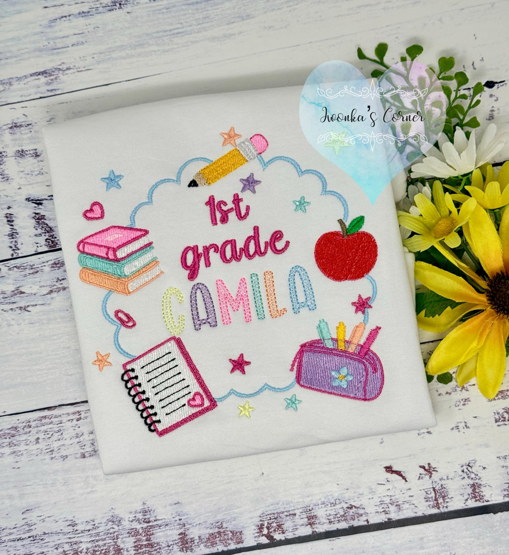 Girl back to school shirt - Hello 1st grade shirt for girl - 1st day of school - Pre K, Kindergarten, Chalkboard, Apple, Pencil,