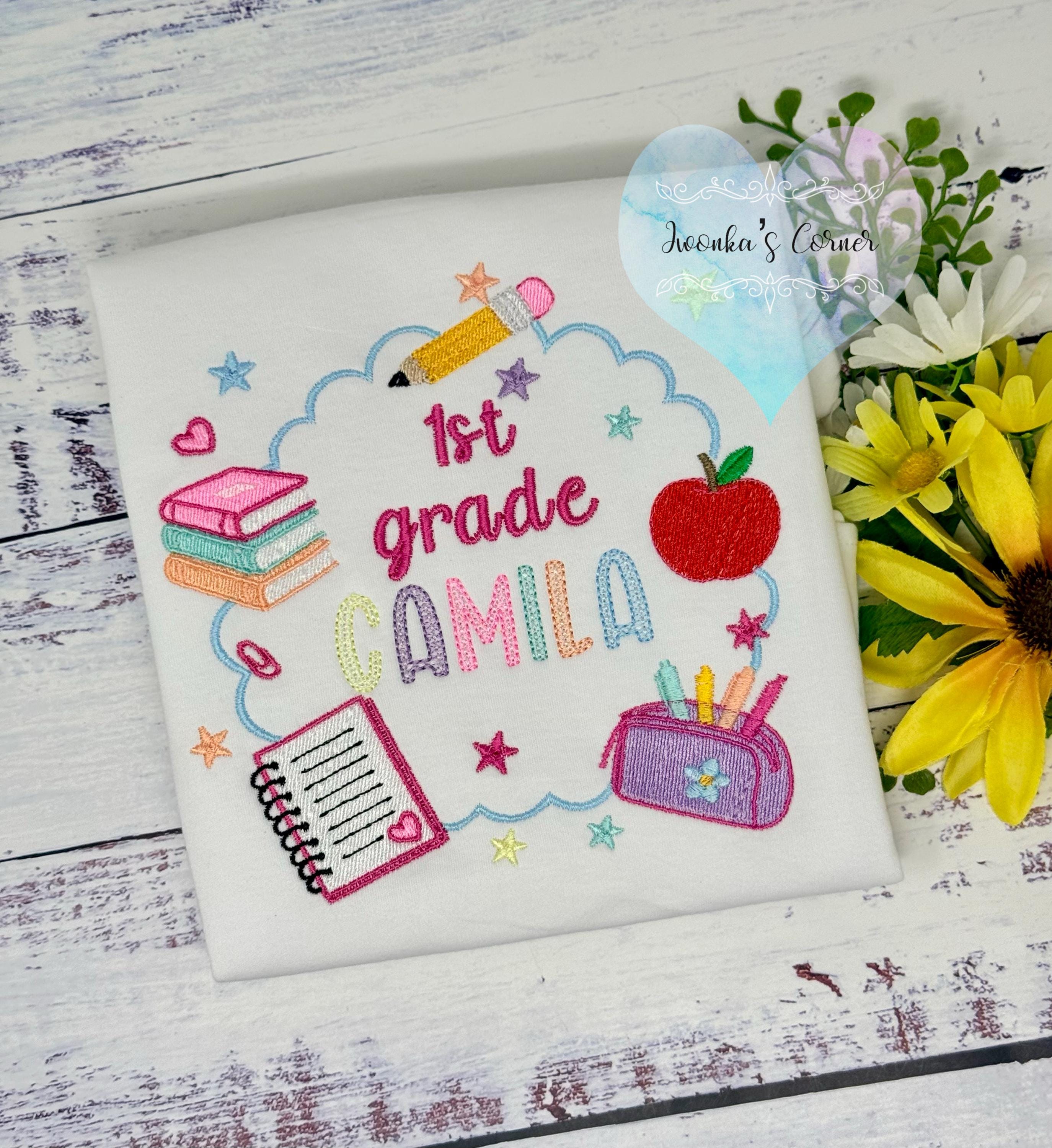 Girl back to school shirt - Hello 1st grade shirt for girl - 1st day of school - Pre K, Kindergarten, Chalkboard, Apple, Pencil,