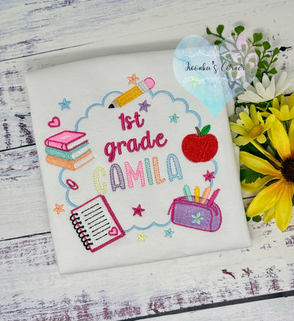 Girl back to school shirt - Hello 1st grade shirt for girl - 1st day of school - Pre K, Kindergarten, Chalkboard, Apple, Pencil,