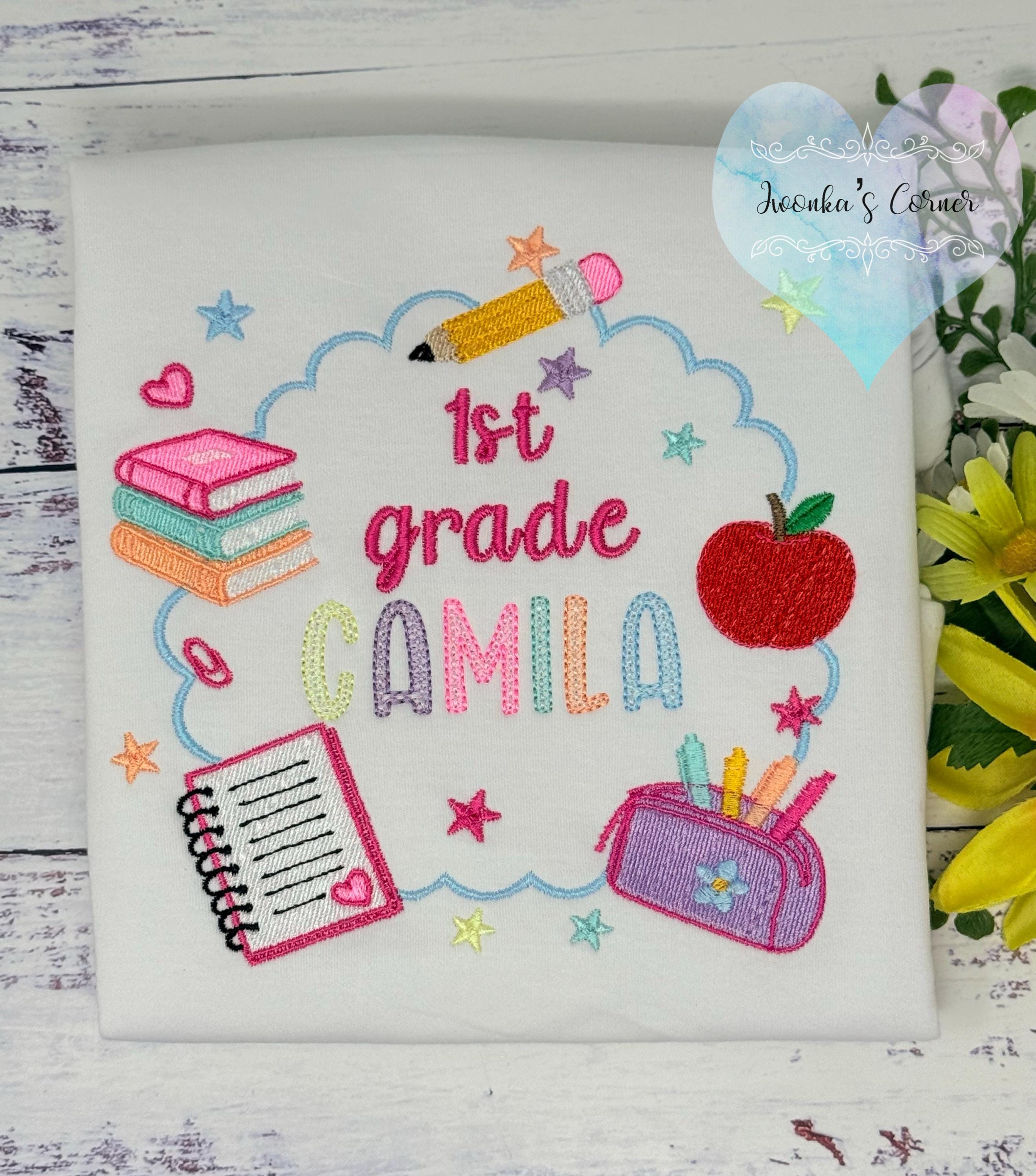 Girl back to school shirt - Hello 1st grade shirt for girl - 1st day of school - Pre K, Kindergarten, Chalkboard, Apple, Pencil,