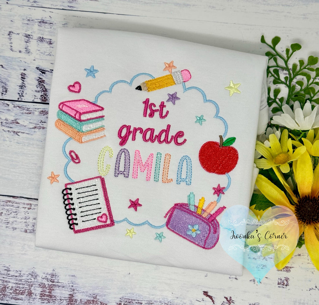 Girl back to school shirt - Hello 1st grade shirt for girl - 1st day of school - Pre K, Kindergarten, Chalkboard, Apple, Pencil,