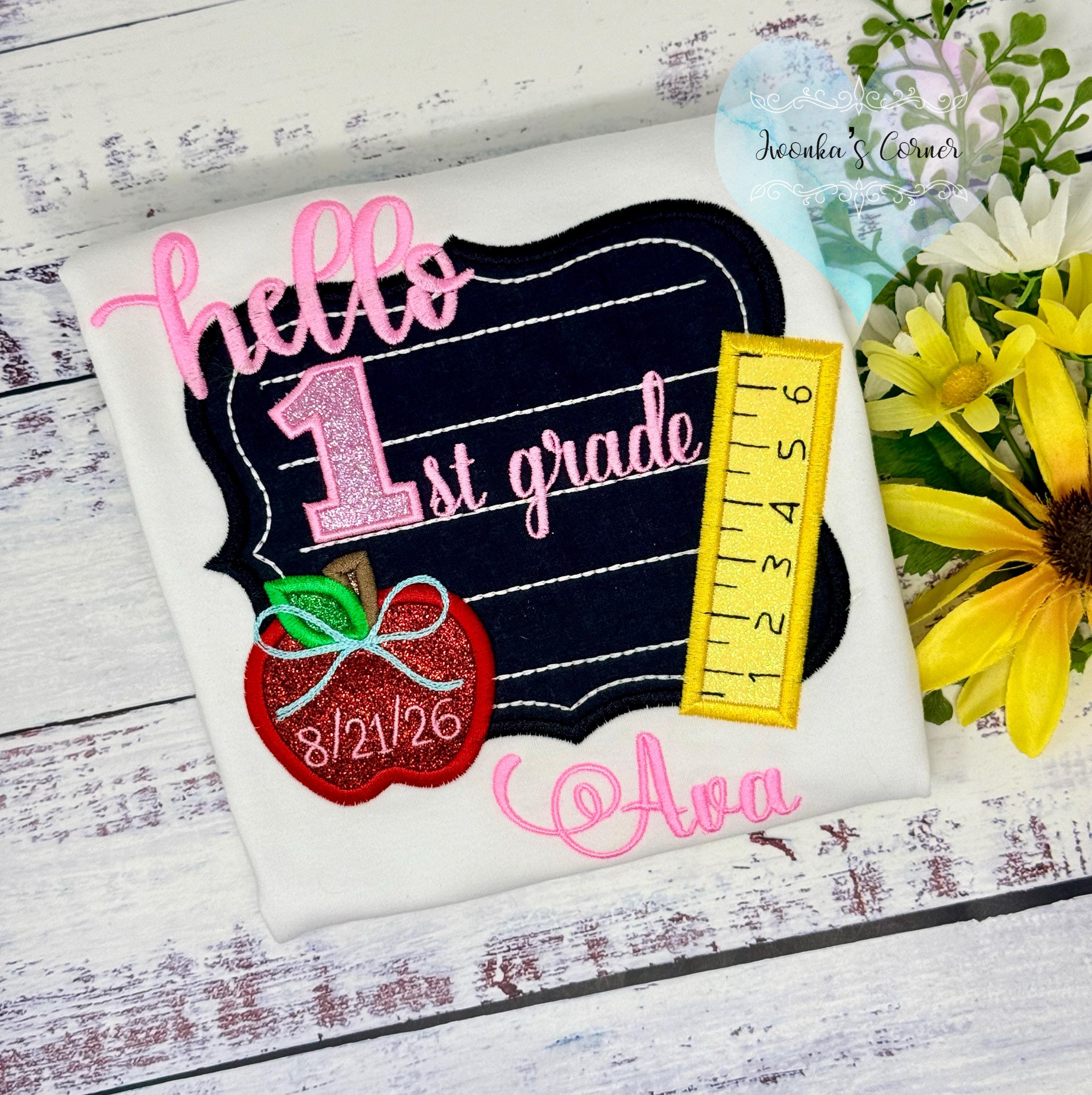Girl back to school shirt - Hello 1st grade shirt for girl - 1st day of school - Pre K, Kindergarten, Chalkboard, Apple, Pencil,