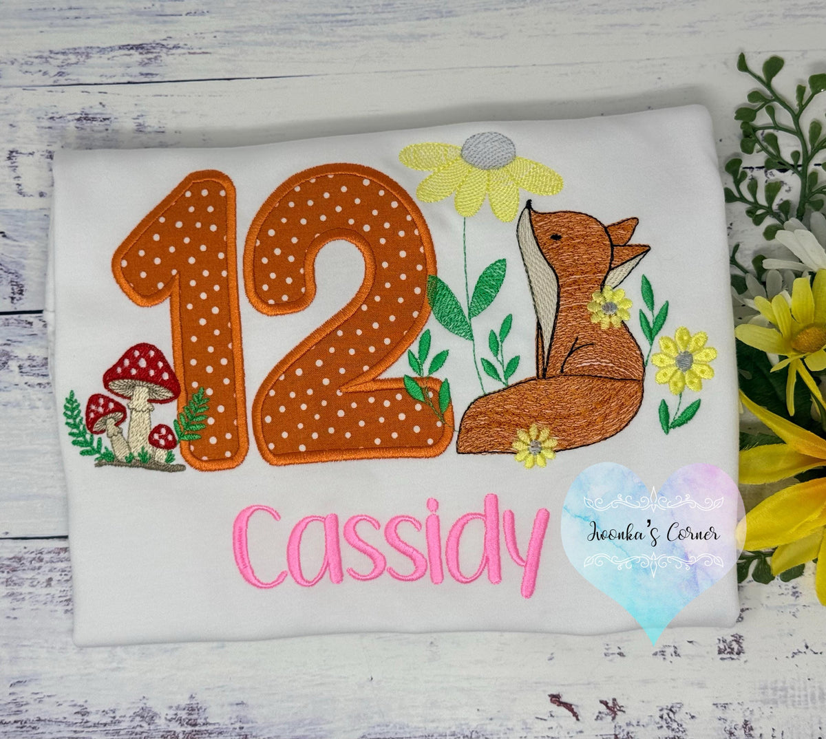 12th Birthday Embroidery Shirt with Fox and Mushrooms,