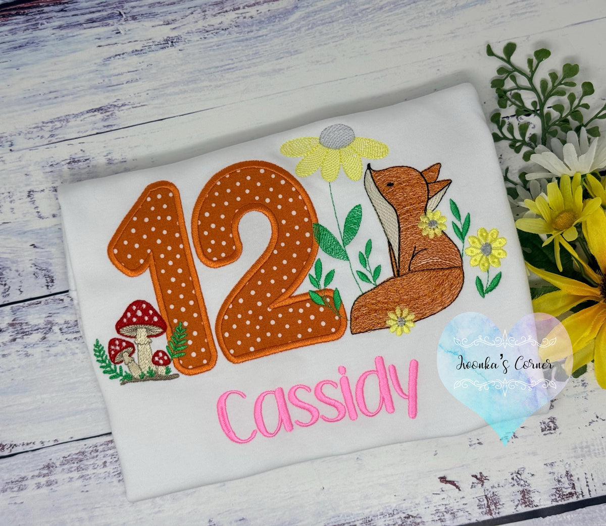12th Birthday Embroidery Shirt with Fox and Mushrooms,