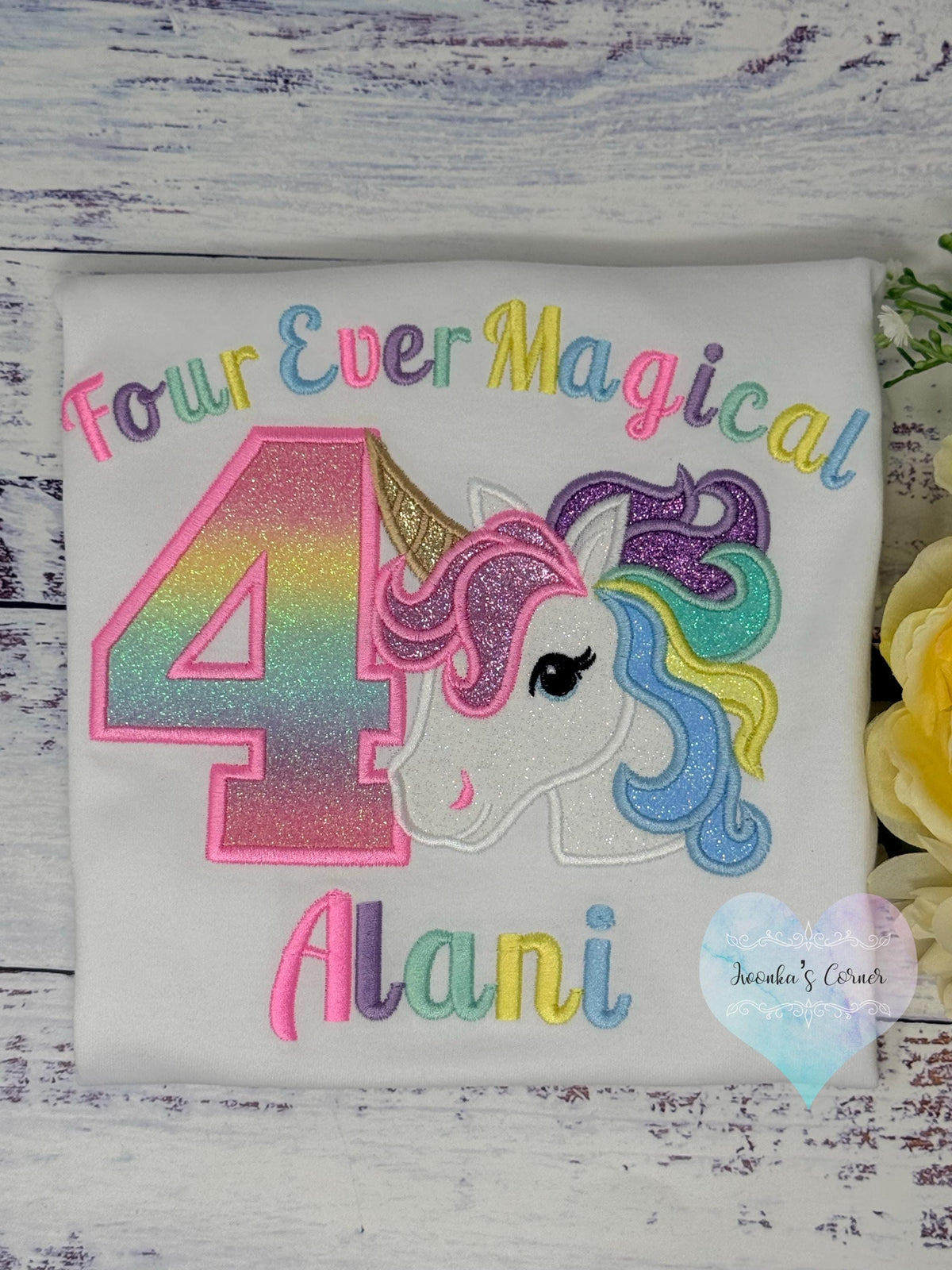 4th Birthday Colorful Uni Shirt, Personalized Unicorn Birthday Shirt for Girls, Embroidered Rainbow Unicorn Shirt, Custom Name, Age