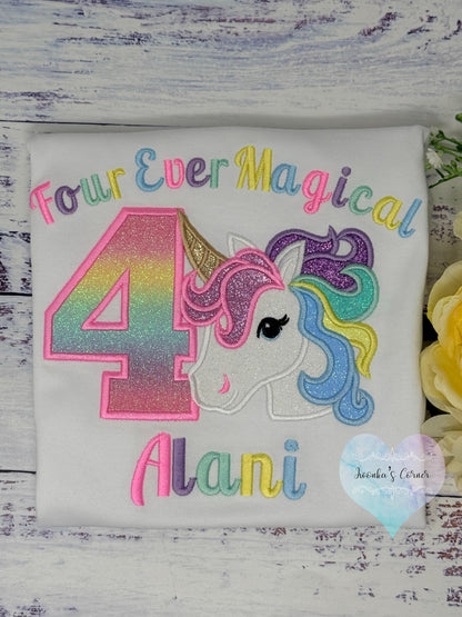 4th Birthday Colorful Uni Shirt, Personalized Unicorn Birthday Shirt for Girls, Embroidered Rainbow Unicorn Shirt, Custom Name, Age