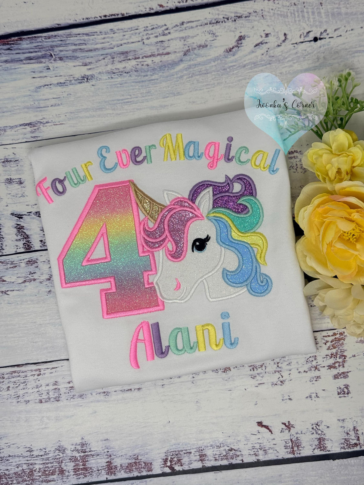 4th Birthday Colorful Uni Shirt, Personalized Unicorn Birthday Shirt for Girls, Embroidered Rainbow Unicorn Shirt, Custom Name, Age