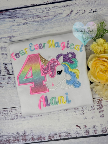 4th Birthday Colorful Uni Shirt, Personalized Unicorn Birthday Shirt for Girls, Embroidered Rainbow Unicorn Shirt, Custom Name, Age