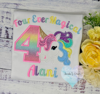 4th Birthday Colorful Uni Shirt, Personalized Unicorn Birthday Shirt for Girls, Embroidered Rainbow Unicorn Shirt, Custom Name, Age