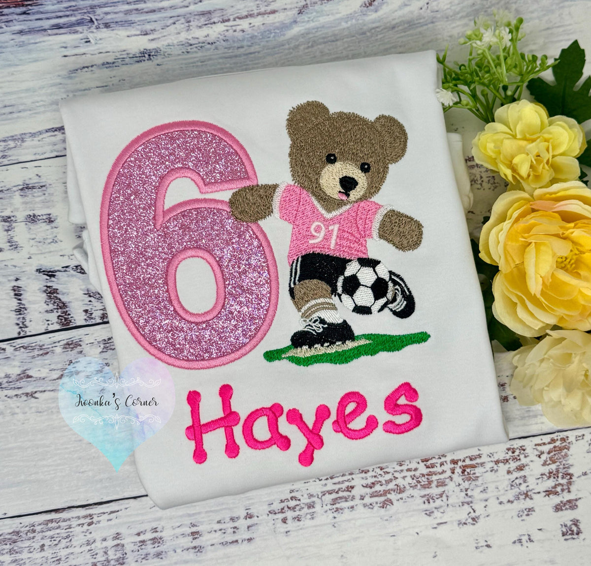 Girl 6th Birthday Embroidered Tee with Bear Playing Soccer, Soccer Sport Shirt,