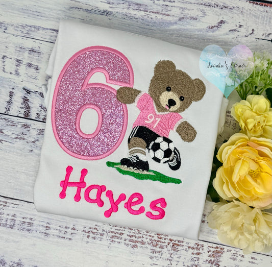 Girl 6th Birthday Embroidered Tee with Bear Playing Soccer, Soccer Sport Shirt,