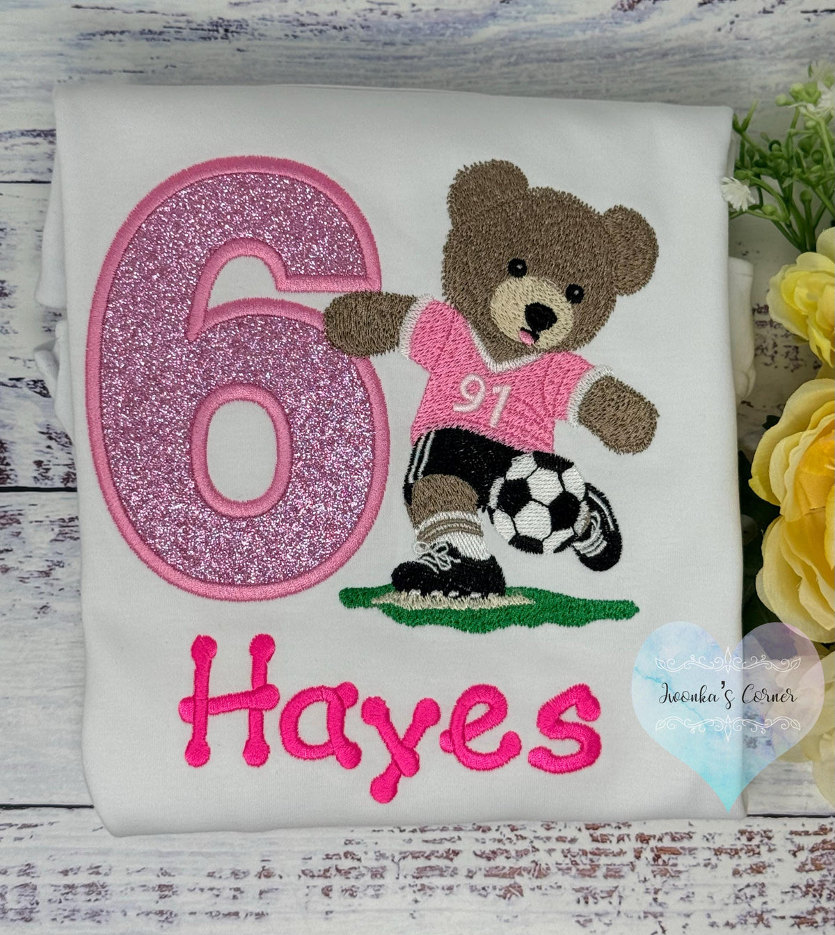 Girl 6th Birthday Embroidered Tee with Bear Playing Soccer, Soccer Sport Shirt,