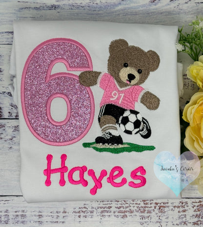 Girl 6th Birthday Embroidered Tee with Bear Playing Soccer, Soccer Sport Shirt,