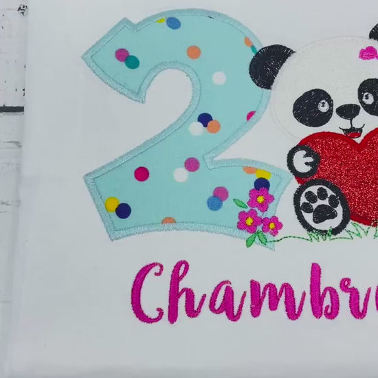 Girl Second birthday shirt with panda bear, 2nd birthday embroidery shirt, Shirt with panda bear, Polka dot birthday shirt