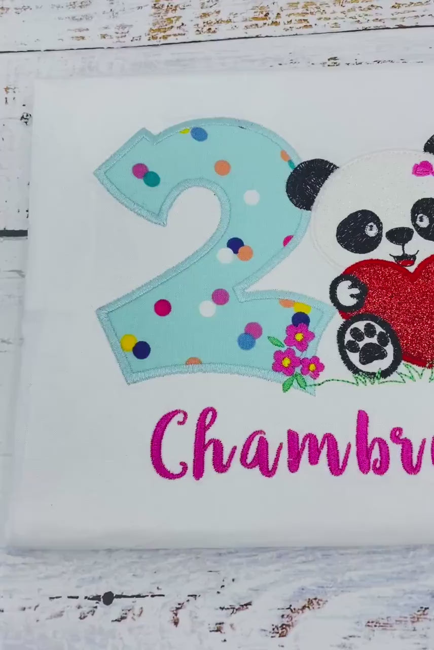 Girl Second birthday shirt with panda bear, 2nd birthday embroidery shirt, Shirt with panda bear, Polka dot birthday shirt