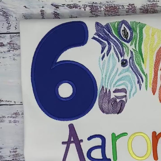 Boy 6th  birthday rainbow zebra shirt, Embroidered Safari zebra t-shirt, Colorful rainbow zebra, Any age birthday tee