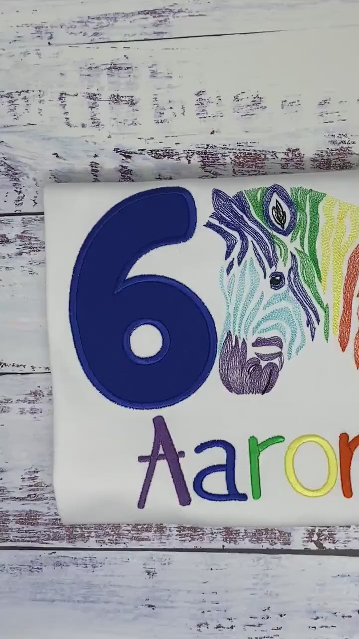 Boy 6th  birthday rainbow zebra shirt, Embroidered Safari zebra t-shirt, Colorful rainbow zebra, Any age birthday tee