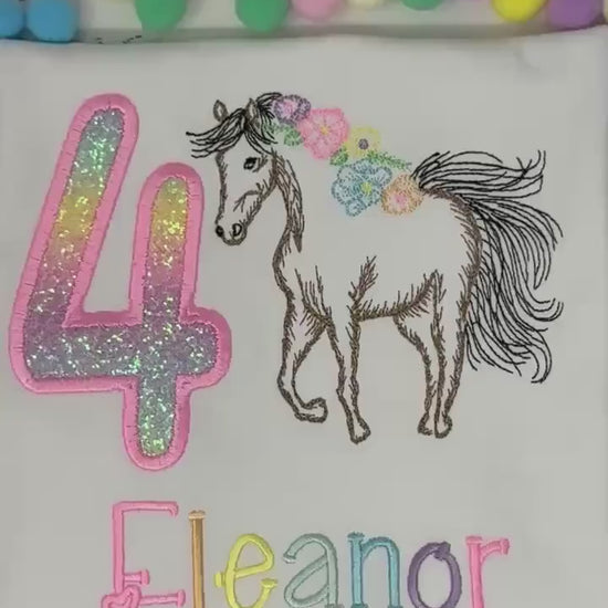 Girl 4th Birthday Shirt With Bay Brown Horse, Ombre Rainbow Number with Horse wearing Flowers in Mane, Sketch  Embroidered Horse