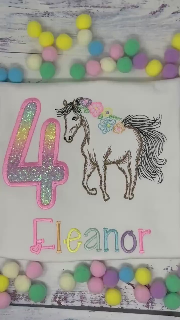 Girl 4th Birthday Shirt With Bay Brown Horse, Ombre Rainbow Number with Horse wearing Flowers in Mane, Sketch  Embroidered Horse