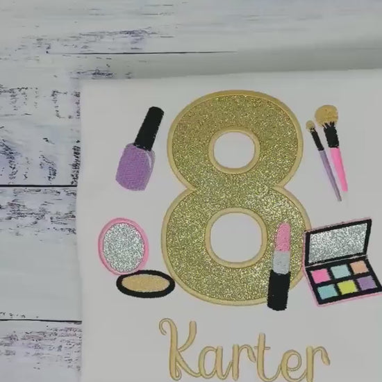 Girl 8th Birthday Shirt with Make up, Salon, Spa Birthday Tee Number cosmetics, Lipstick Powder Brush, Make up Birthday Party, Nail Polish