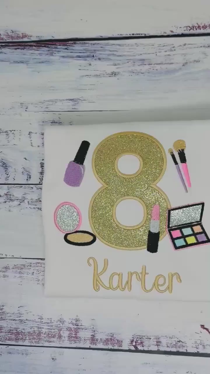 Girl 8th Birthday Shirt with Make up, Salon, Spa Birthday Tee Number cosmetics, Lipstick Powder Brush, Make up Birthday Party, Nail Polish