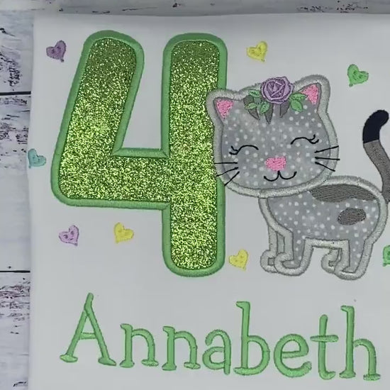 Girl 4th Birthday Shirt with Kitten, Personalized Shirt with Cute Grey Cat, Tee with cat