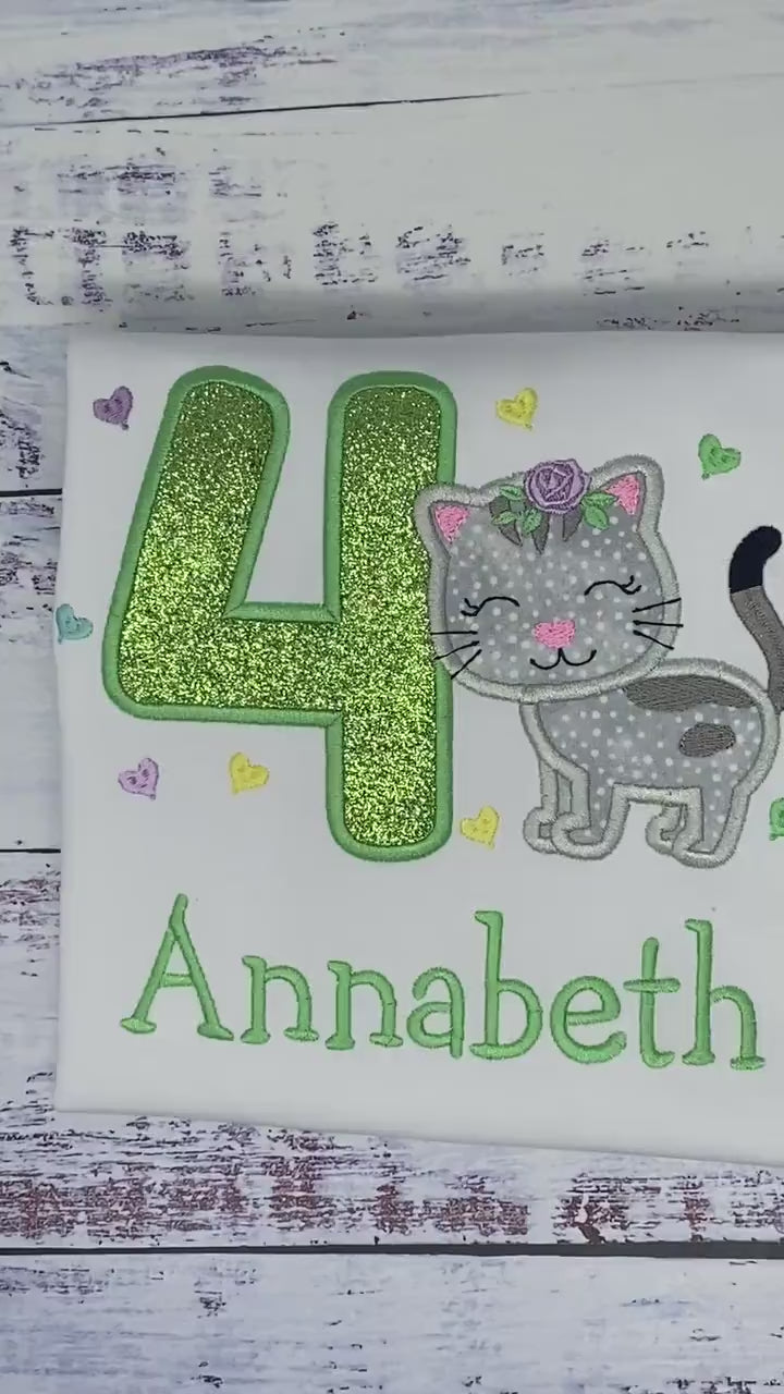 Girl 4th Birthday Shirt with Kitten, Personalized Shirt with Cute Grey Cat, Tee with cat