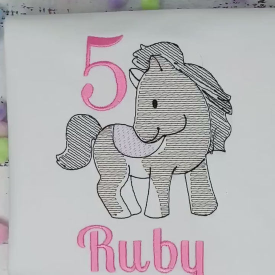 Girl 5th Birthday Shirt With cute bay Pony, Birthday Shirt with Ponny and Saddle, 4th, 6th 7th Horse Embroidery Birthday Shirt, sketch